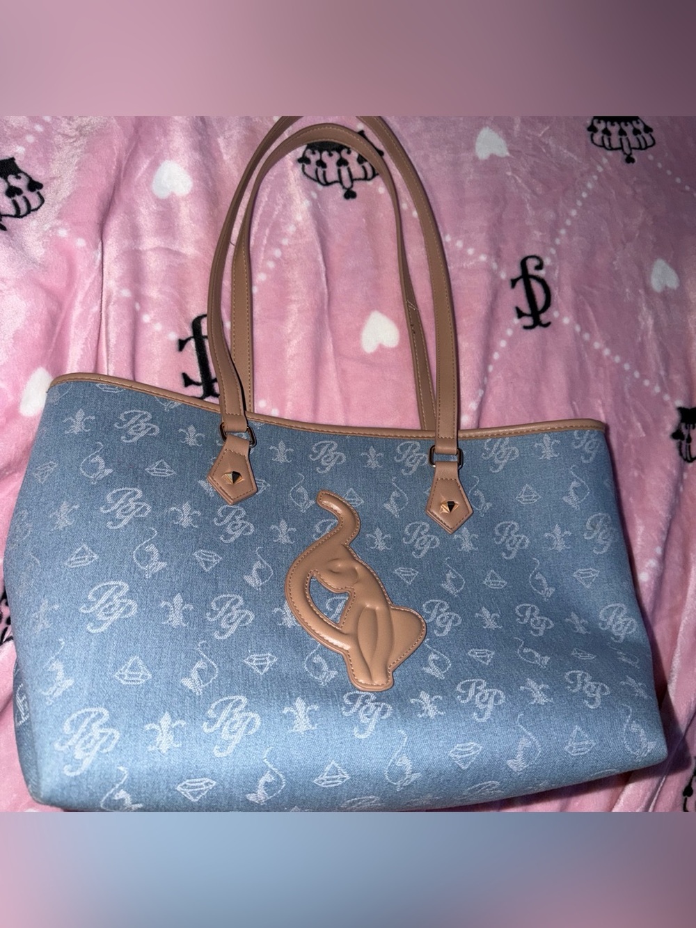 Baby Phat Blue Monogram Tote with Tan Trim and Cat Accent